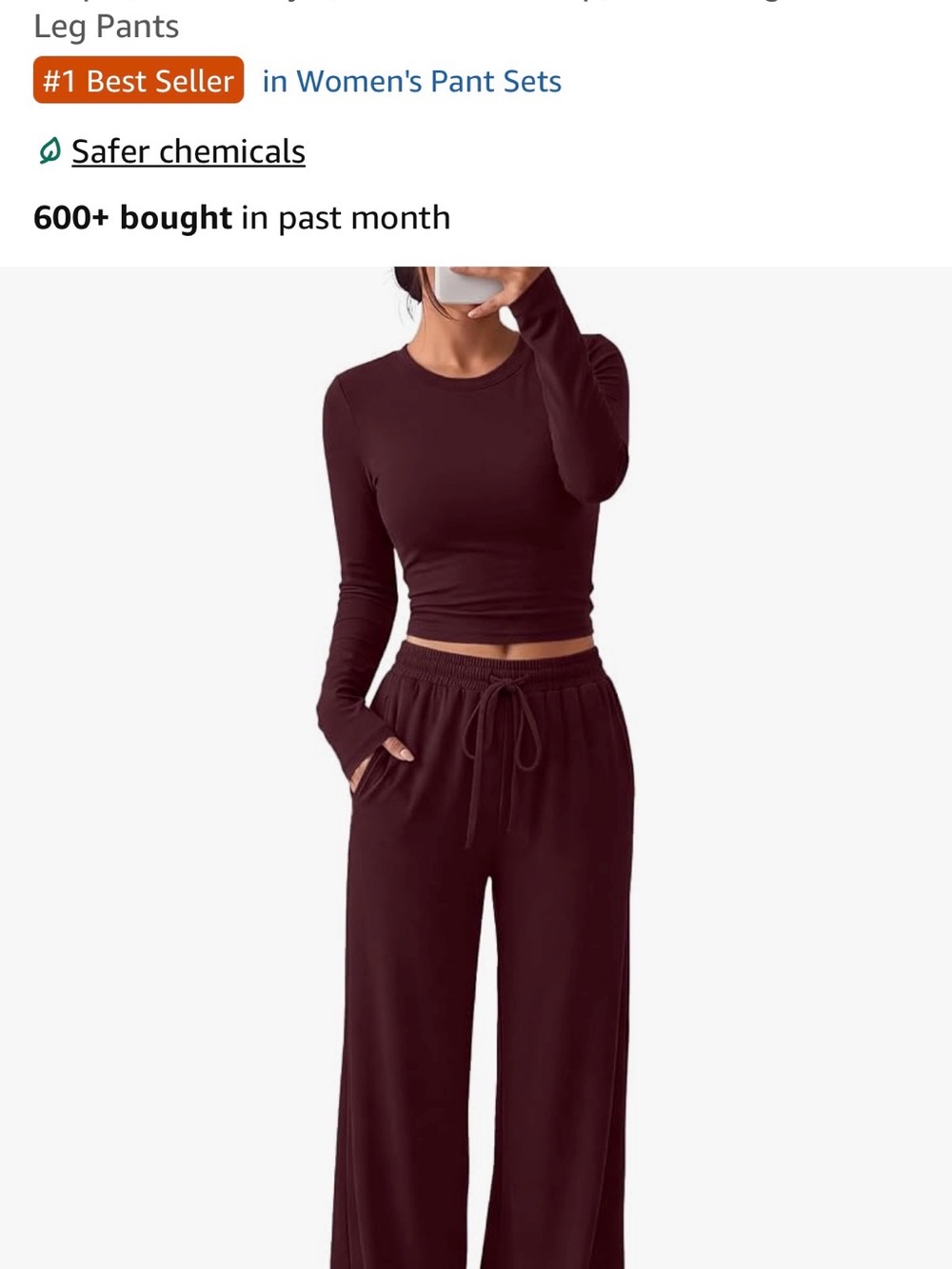 Trendy Queen Women's Long Sleeve Crop Top & Wide Leg Lounge Set - Burgundy
